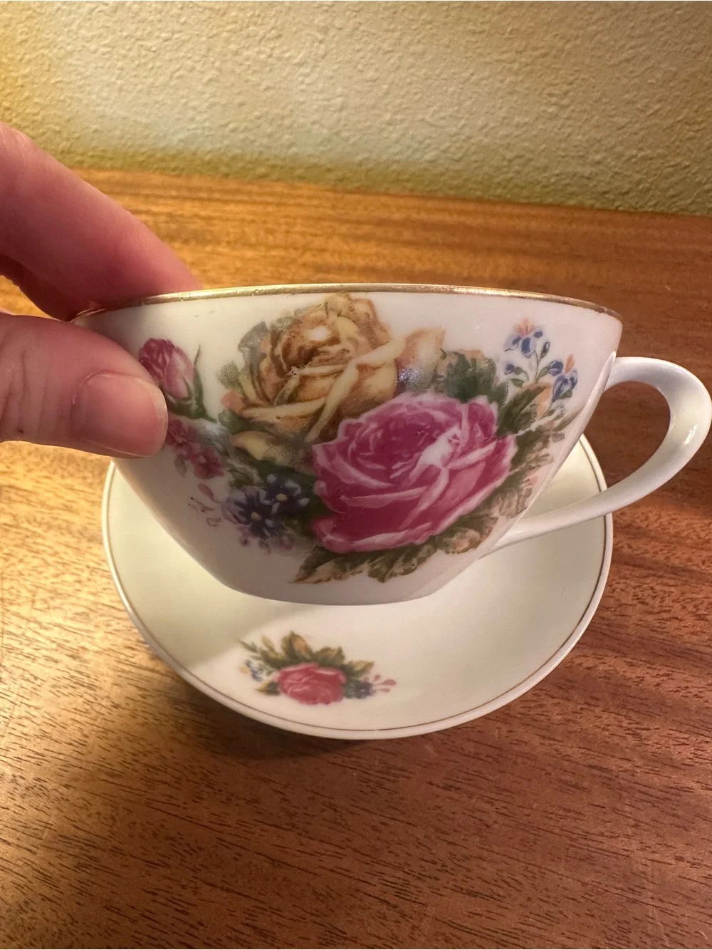 Vintage White Teacup and Saucer with Pink Rose Motif